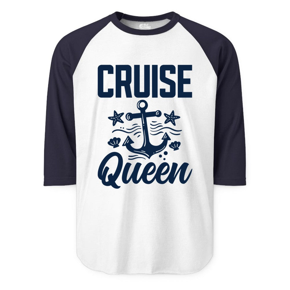 Cruise Queen Shirt - Nautical Anchor & Starfish Fun Cruise Shirt (Raglan) in WhiteNavy - Cruise Queen Shirt - Nautical Anchor and Starfish Graphic Tee