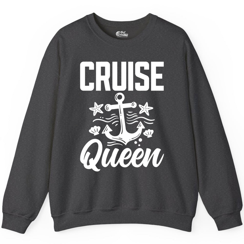 Cruise Queen Shirt - Nautical Anchor & Starfish Fun Cruise Shirt (Sweatshirt) in Dark Heather - Cruise Queen Shirt - Nautical Anchor and Starfish Graphic Tee