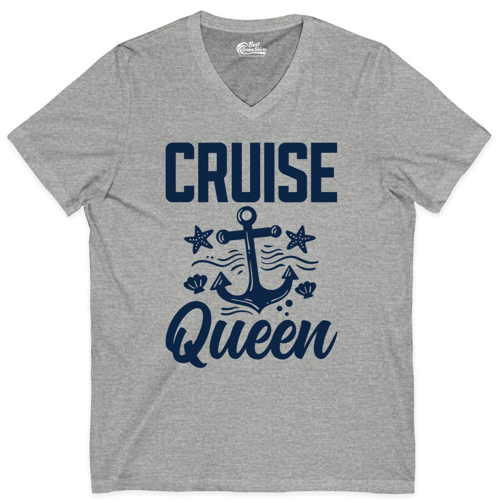 Cruise Queen Shirt - Nautical Anchor & Starfish Fun Cruise Shirt (V-Neck) in Athletic Heather - Cruise Queen Shirt - Nautical Anchor and Starfish Graphic Tee
