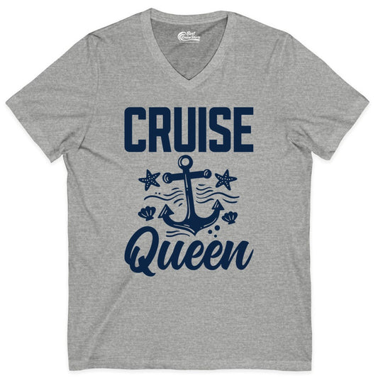 Cruise Queen Shirt - Nautical Anchor & Starfish Fun Cruise Shirt (V-Neck) in Athletic Heather - Cruise Queen Shirt - Nautical Anchor and Starfish Graphic Tee