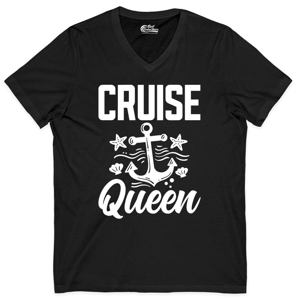 Cruise Queen Shirt - Nautical Anchor & Starfish Fun Cruise Shirt (V-Neck) in Black - Cruise Queen Shirt - Nautical Anchor and Starfish Graphic Tee