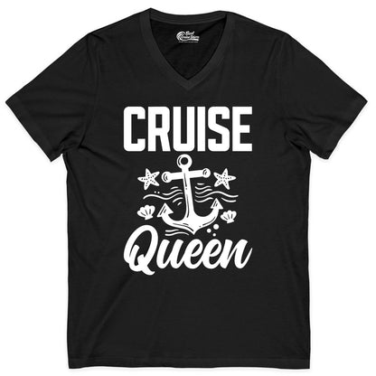 Cruise Queen Shirt - Nautical Anchor & Starfish Fun Cruise Shirt (V-Neck) in Black - Cruise Queen Shirt - Nautical Anchor and Starfish Graphic Tee