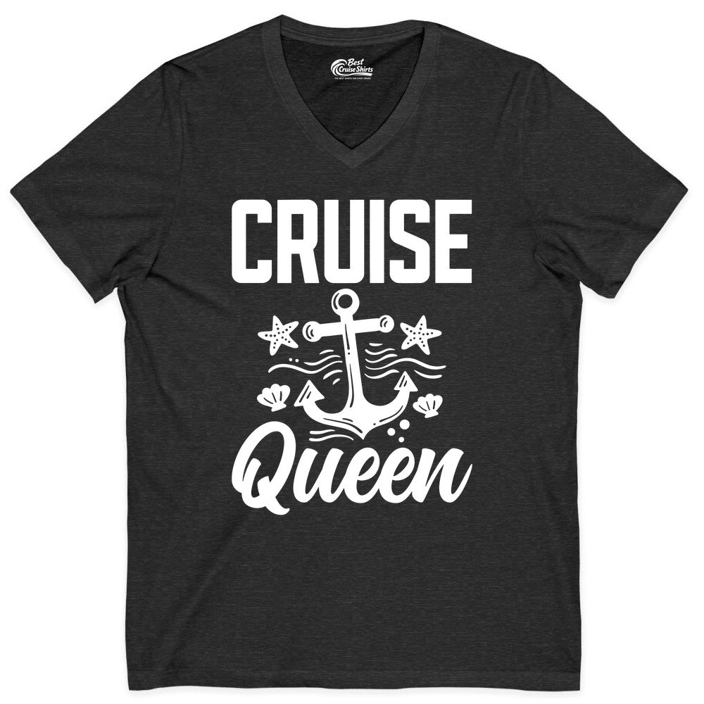 Cruise Queen Shirt - Nautical Anchor & Starfish Fun Cruise Shirt (V-Neck) in Dark Grey Heather - Cruise Queen Shirt - Nautical Anchor and Starfish Graphic Tee