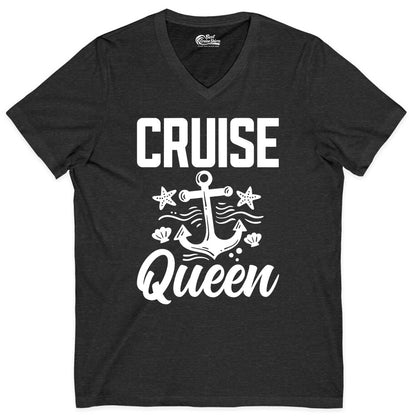 Cruise Queen Shirt - Nautical Anchor & Starfish Fun Cruise Shirt (V-Neck) in Dark Grey Heather - Cruise Queen Shirt - Nautical Anchor and Starfish Graphic Tee
