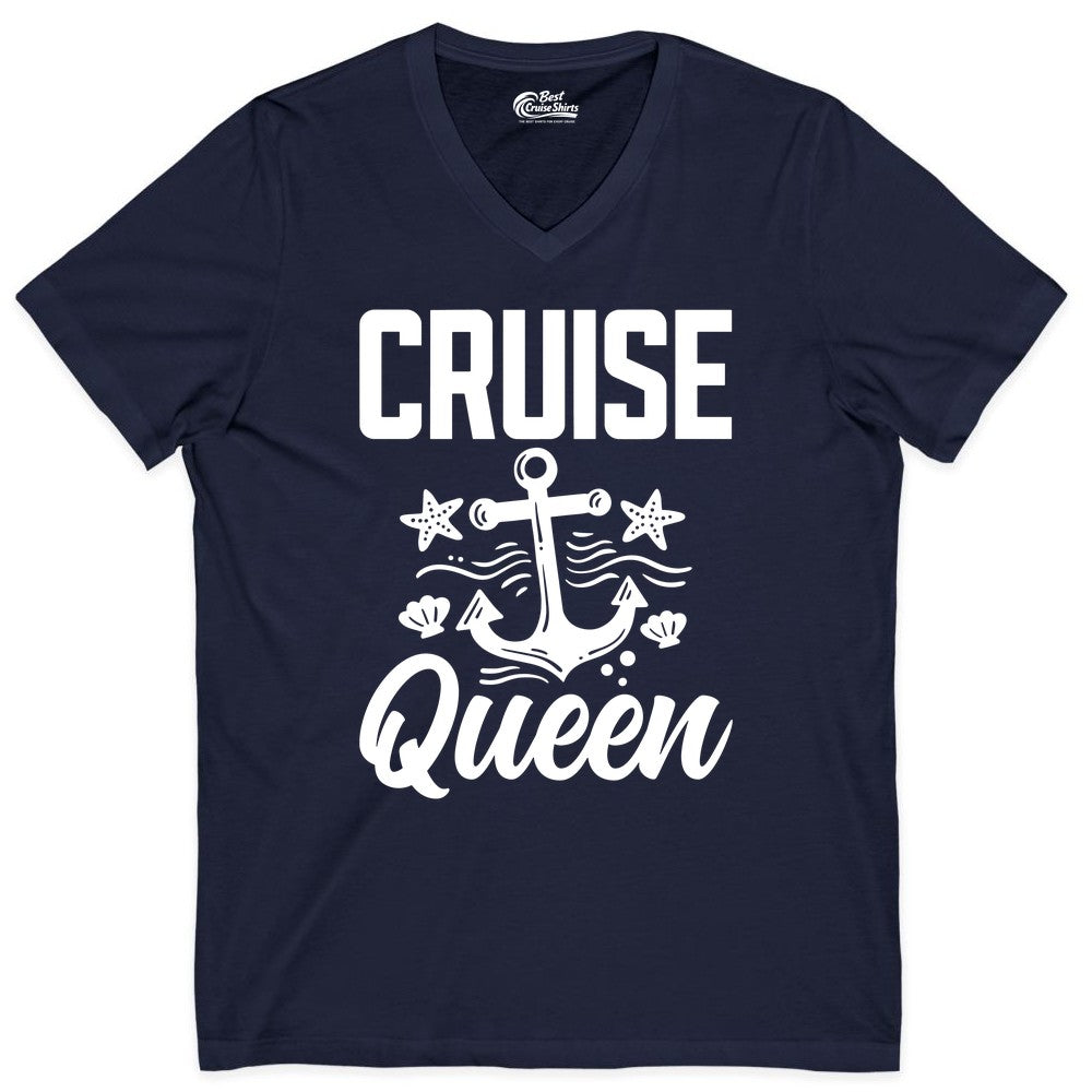 Cruise Queen Shirt - Nautical Anchor & Starfish Fun Cruise Shirt (V-Neck) in Navy - Cruise Queen Shirt - Nautical Anchor and Starfish Graphic Tee