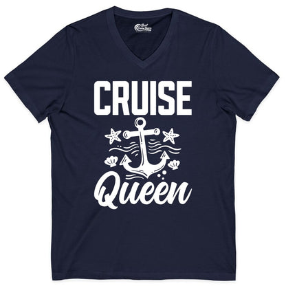 Cruise Queen Shirt - Nautical Anchor & Starfish Fun Cruise Shirt (V-Neck) in Navy - Cruise Queen Shirt - Nautical Anchor and Starfish Graphic Tee