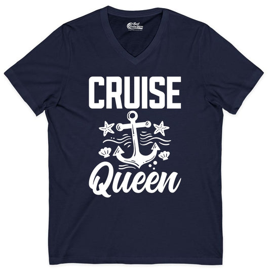 Cruise Queen Shirt - Nautical Anchor & Starfish Fun Cruise Shirt (V-Neck) in Navy - Cruise Queen Shirt - Nautical Anchor and Starfish Graphic Tee