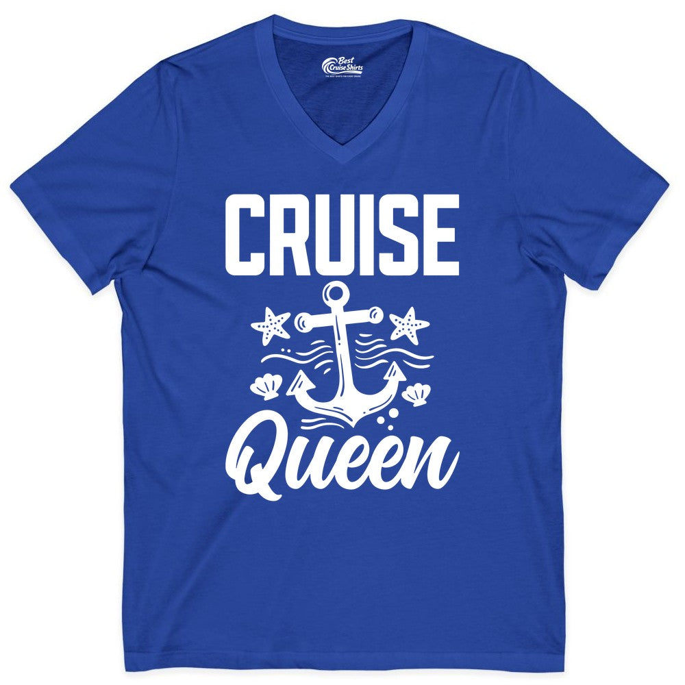 Cruise Queen Shirt - Nautical Anchor & Starfish Fun Cruise Shirt (V-Neck) in True Royal - Cruise Queen Shirt - Nautical Anchor and Starfish Graphic Tee