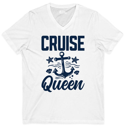 Cruise Queen Shirt - Nautical Anchor & Starfish Fun Cruise Shirt (V-Neck) in White - Cruise Queen Shirt - Nautical Anchor and Starfish Graphic Tee