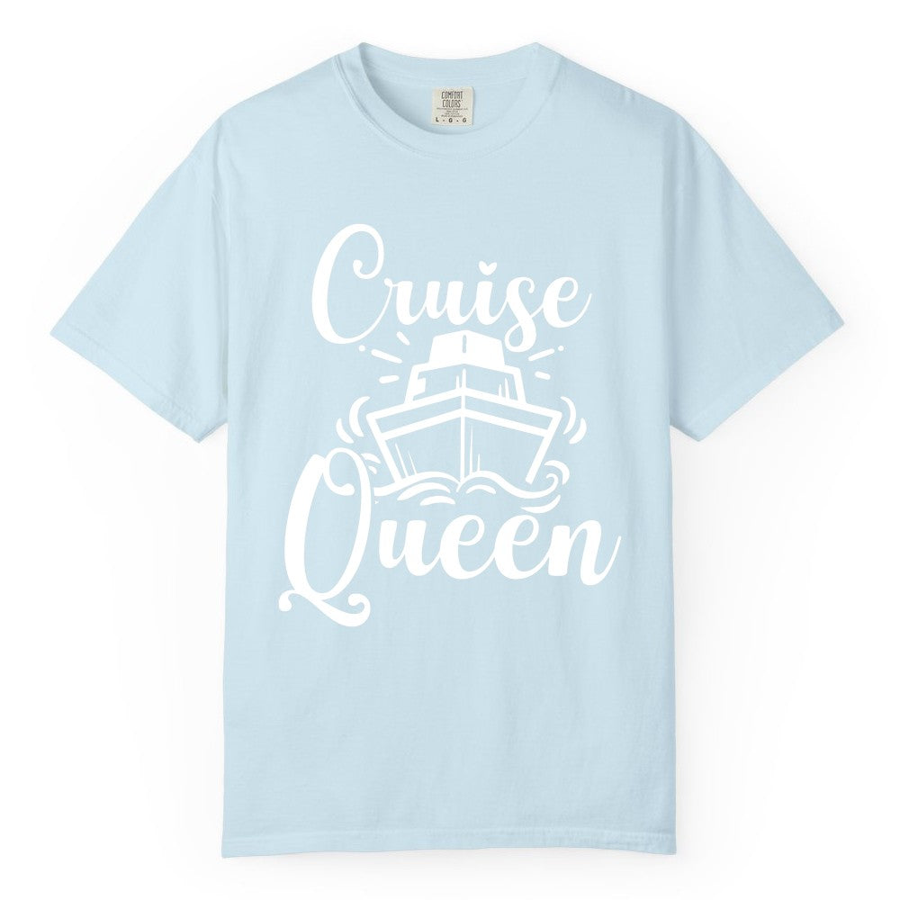Cruise Queen Shirt - Girls Cruise Top for Nautical Vacations & Trips (Comfort Color) in Chambray - Cruise Queen Shirt - Nautical Ladies Getaway Bold Cruise Ship Design