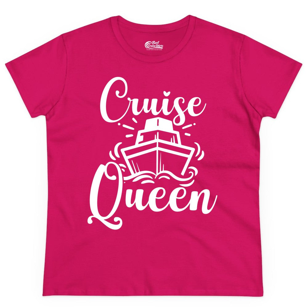Cruise Queen Shirt - Girls Cruise Top for Nautical Vacations & Trips (Ladies Tee) in Heliconia - Cruise Queen Shirt - Nautical Ladies Getaway Bold Cruise Ship Design