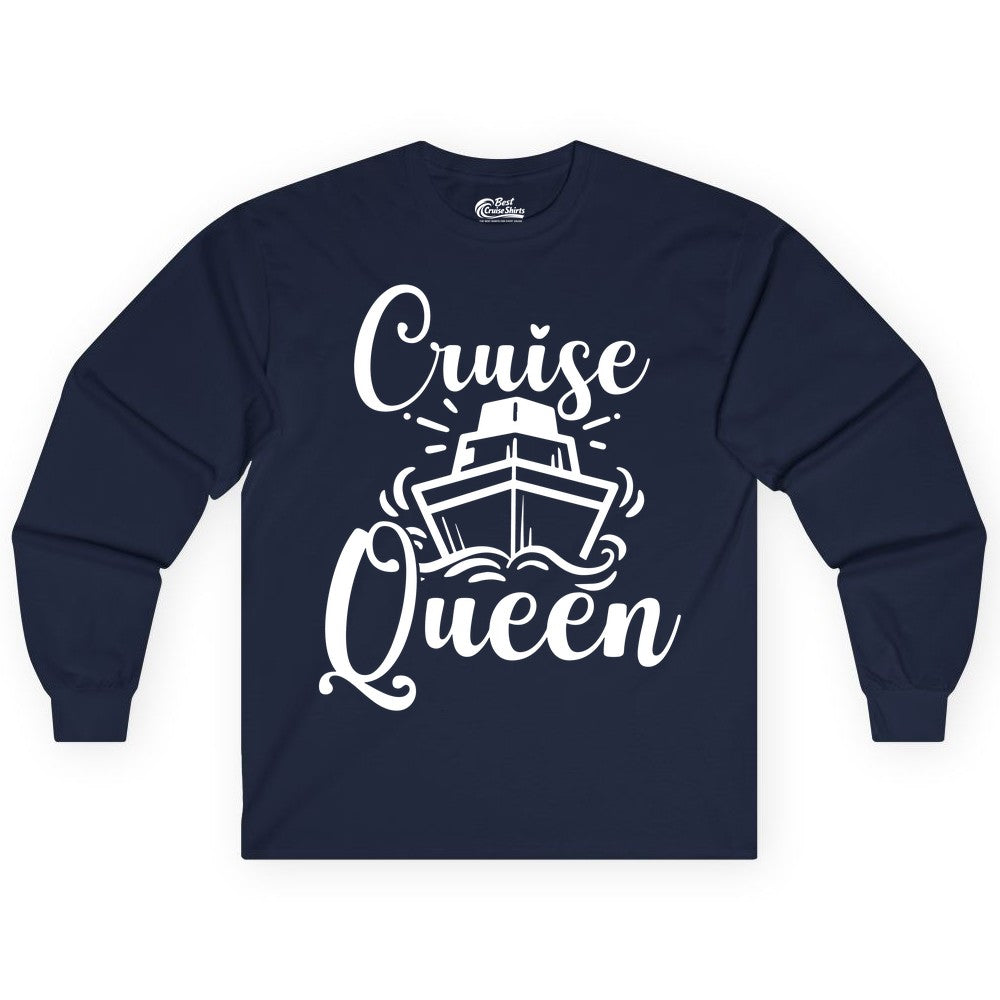 Cruise Queen Shirt - Girls Cruise Top for Nautical Vacations & Trips (Long Sleeve) in Navy - Cruise Queen Shirt - Nautical Ladies Getaway Bold Cruise Ship Design