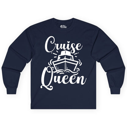 Cruise Queen Shirt - Girls Cruise Top for Nautical Vacations & Trips (Long Sleeve) in Navy - Cruise Queen Shirt - Nautical Ladies Getaway Bold Cruise Ship Design