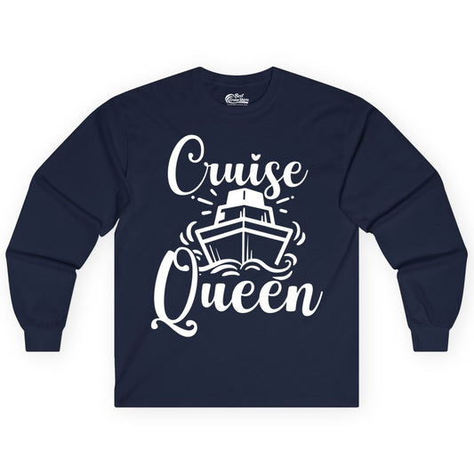 Cruise Queen Shirt - Girls Cruise Top for Nautical Vacations & Trips (Long Sleeve) in Navy - Cruise Queen Shirt - Nautical Ladies Getaway Bold Cruise Ship Design