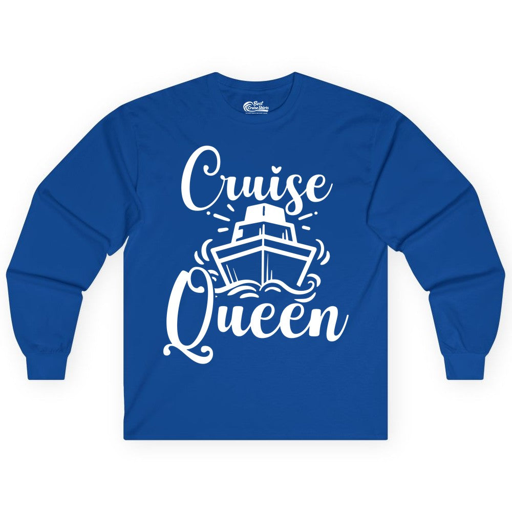 Cruise Queen Shirt - Girls Cruise Top for Nautical Vacations & Trips (Long Sleeve) in Royal - Cruise Queen Shirt - Nautical Ladies Getaway Bold Cruise Ship Design