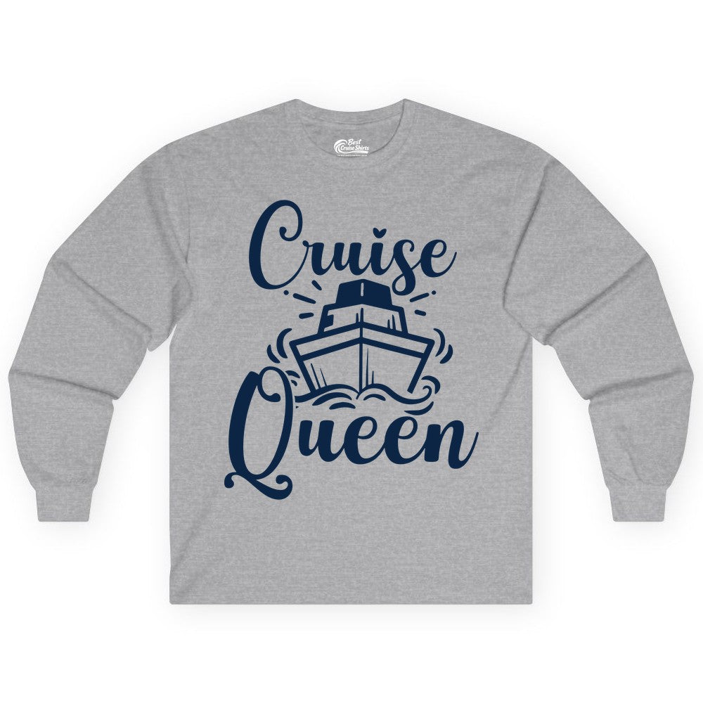 Cruise Queen Shirt - Girls Cruise Top for Nautical Vacations & Trips (Long Sleeve) in Sport Grey - Cruise Queen Shirt - Nautical Ladies Getaway Bold Cruise Ship Design