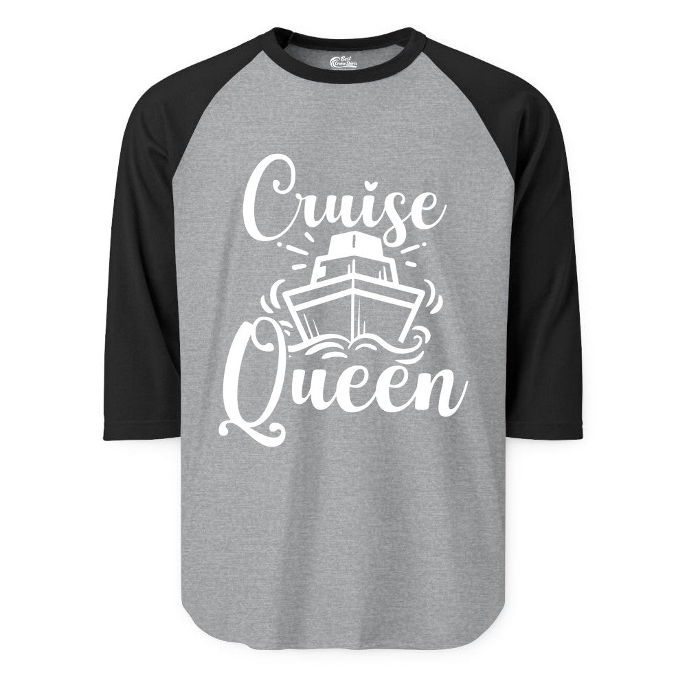 Cruise Queen Shirt - Girls Cruise Top for Nautical Vacations & Trips (Raglan) in Heather GreyBlack - Cruise Queen Shirt - Nautical Ladies Getaway Bold Cruise Ship Design