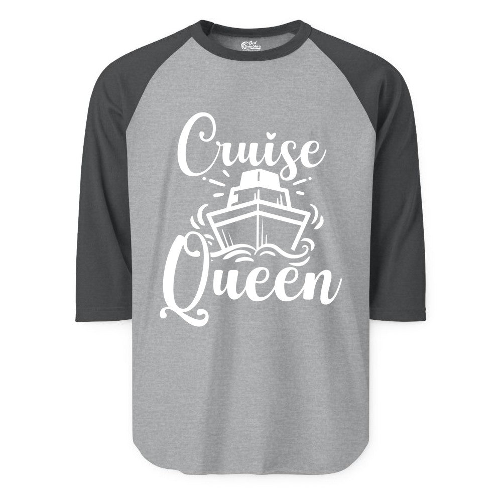 Cruise Queen Shirt - Girls Cruise Top for Nautical Vacations & Trips (Raglan) in Heather GreyHeather Charcoal - Cruise Queen Shirt - Nautical Ladies Getaway Bold Cruise Ship Design