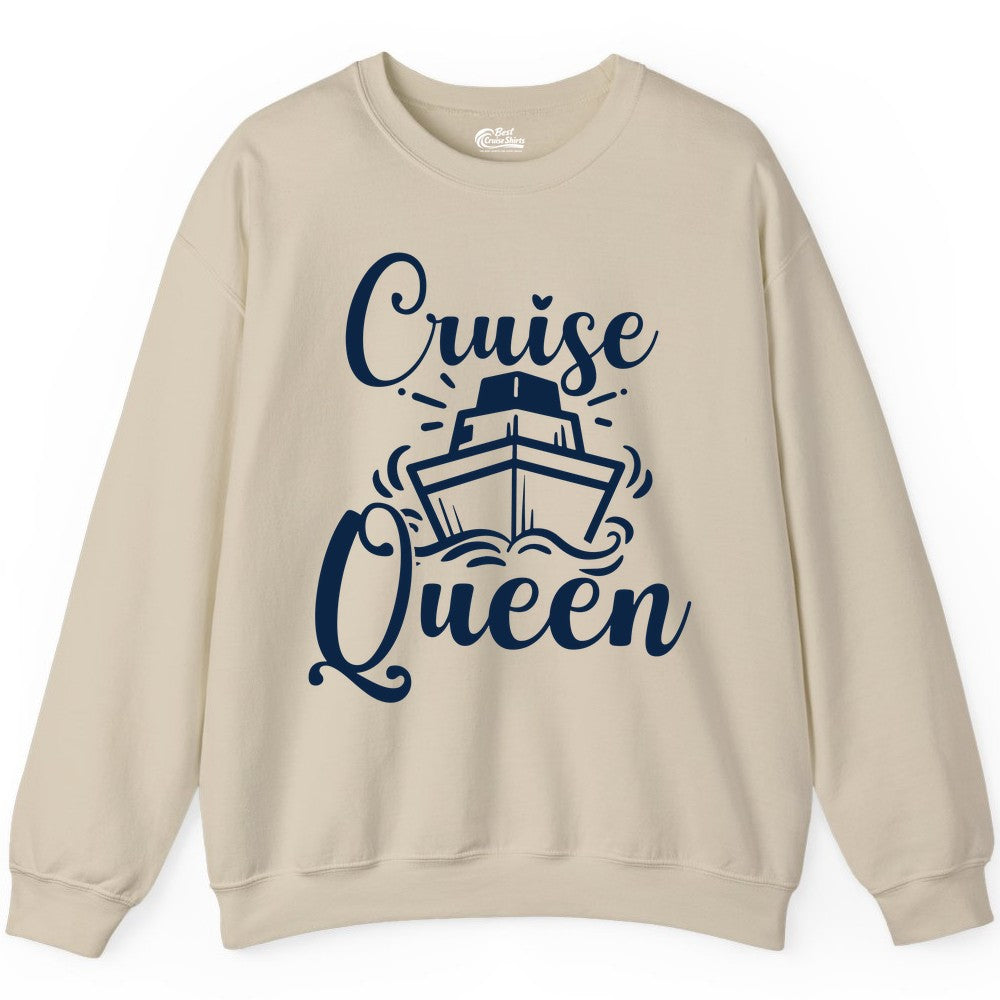Cruise Queen Shirt - Girls Cruise Top for Nautical Vacations & Trips (Sweatshirt) in Sand - Cruise Queen Shirt - Nautical Ladies Getaway Bold Cruise Ship Design