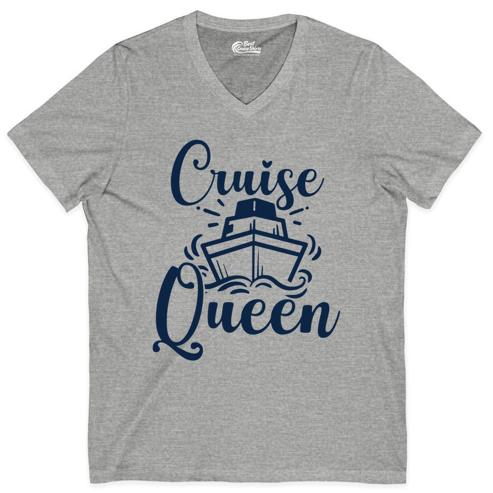 Cruise Queen Shirt - Girls Cruise Top for Nautical Vacations & Trips (V-Neck) in Athletic Heather - Cruise Queen Shirt - Nautical Ladies Getaway Bold Cruise Ship Design