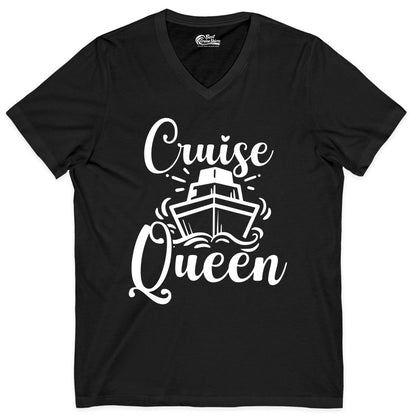 Cruise Queen Shirt - Girls Cruise Top for Nautical Vacations & Trips (V-Neck) in Black - Cruise Queen Shirt - Nautical Ladies Getaway Bold Cruise Ship Design