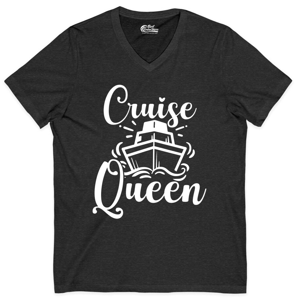 Cruise Queen Shirt - Girls Cruise Top for Nautical Vacations & Trips (V-Neck) in Dark Grey Heather - Cruise Queen Shirt - Nautical Ladies Getaway Bold Cruise Ship Design