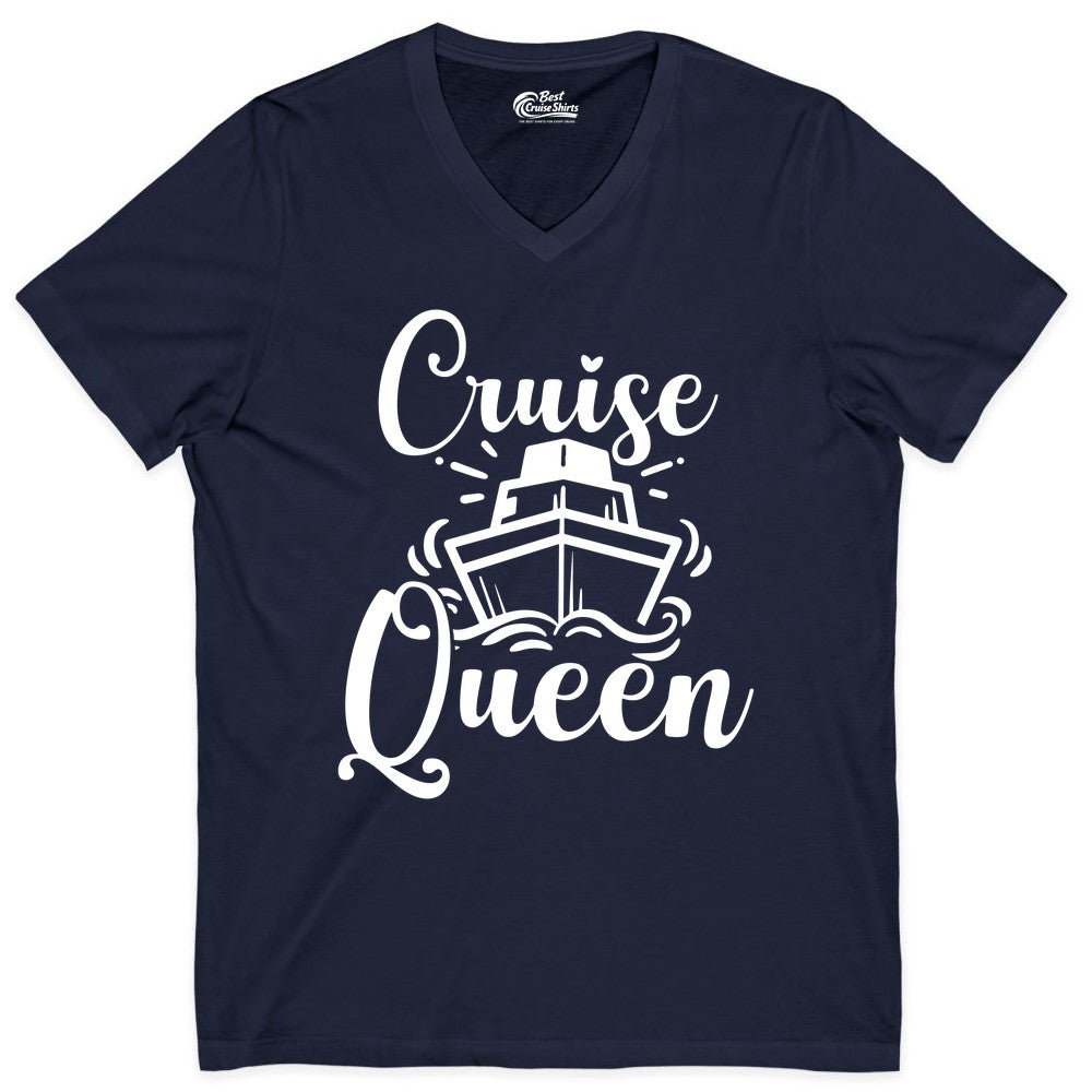 Cruise Queen Shirt - Girls Cruise Top for Nautical Vacations & Trips (V-Neck) in Navy - Cruise Queen Shirt - Nautical Ladies Getaway Bold Cruise Ship Design
