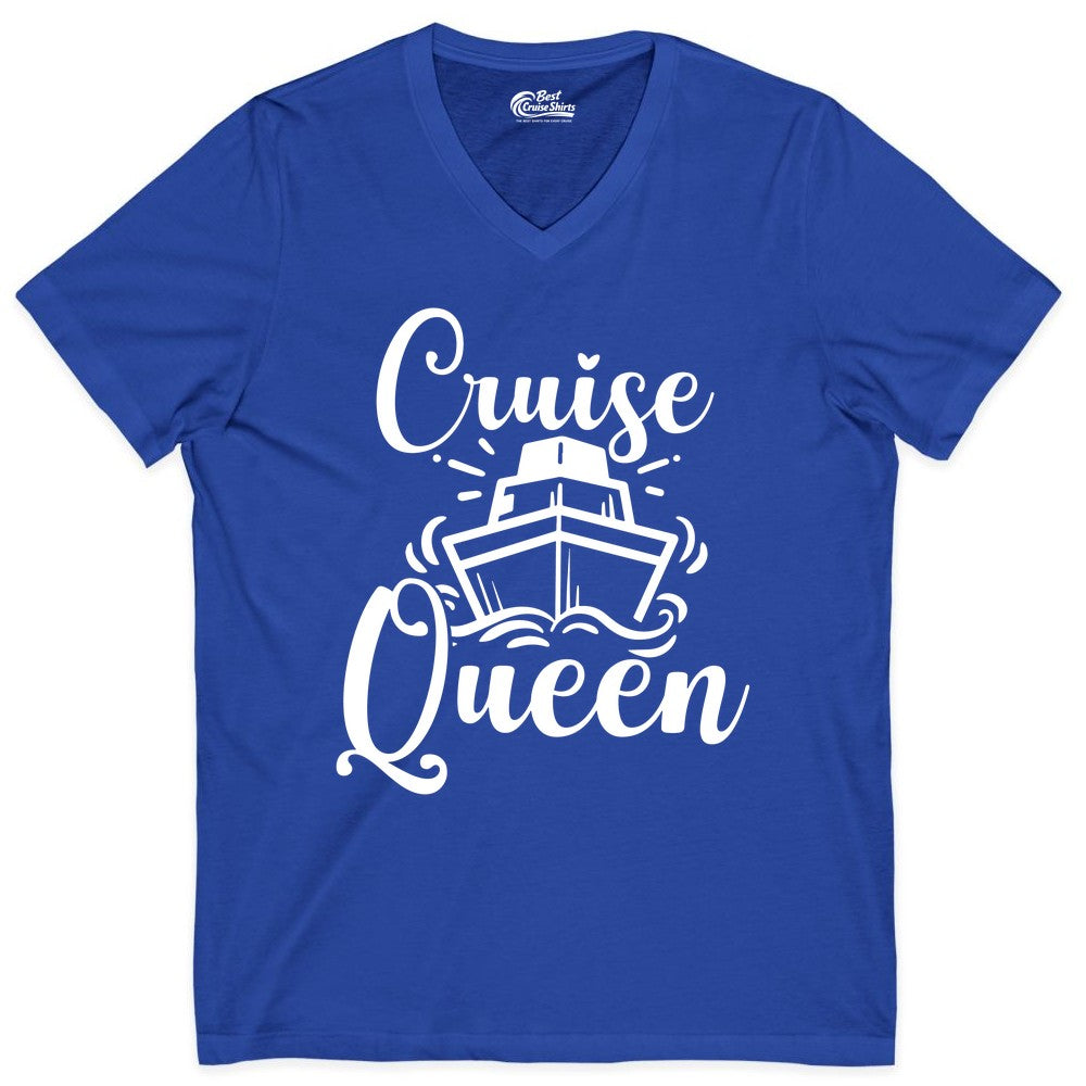 Cruise Queen Shirt - Girls Cruise Top for Nautical Vacations & Trips (V-Neck) in True Royal - Cruise Queen Shirt - Nautical Ladies Getaway Bold Cruise Ship Design