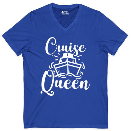 Cruise Queen Shirt - Girls Cruise Top for Nautical Vacations & Trips (V-Neck) in True Royal - Cruise Queen Shirt - Nautical Ladies Getaway Bold Cruise Ship Design