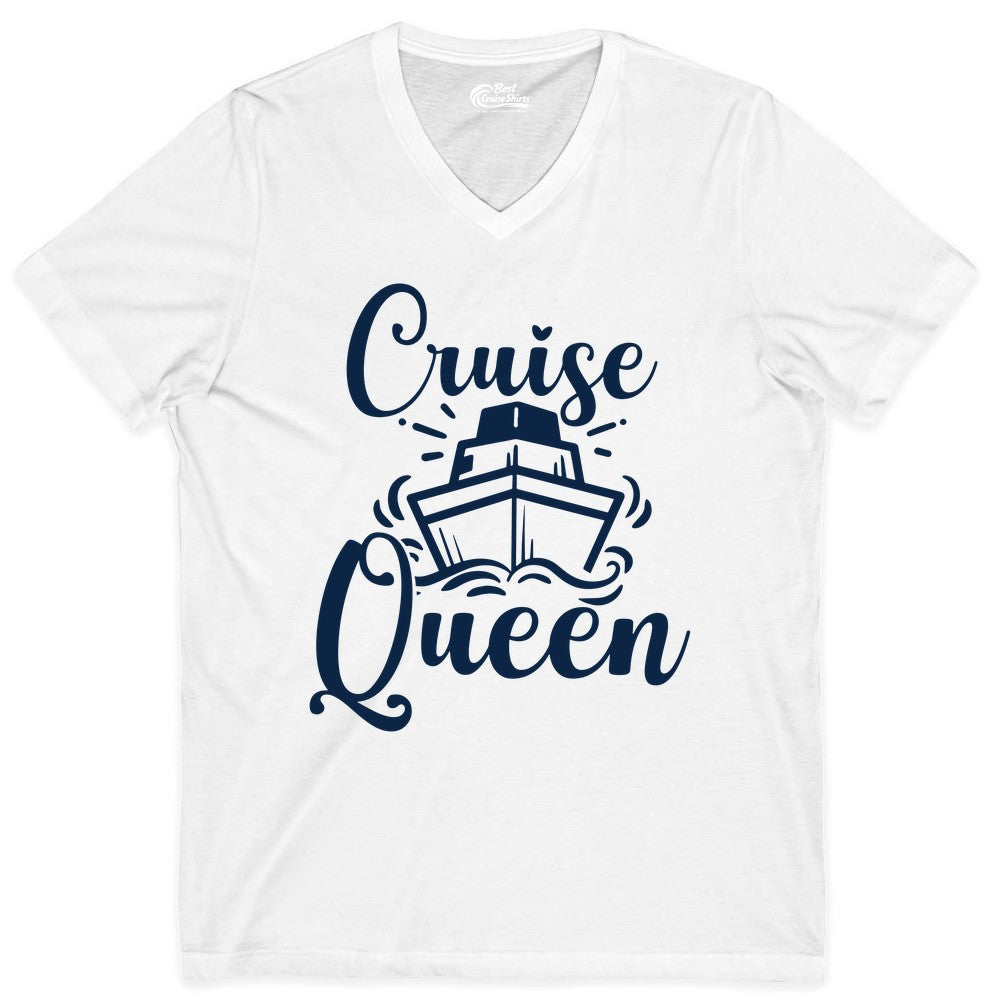 Cruise Queen Shirt - Girls Cruise Top for Nautical Vacations & Trips (V-Neck) in White - Cruise Queen Shirt - Nautical Ladies Getaway Bold Cruise Ship Design