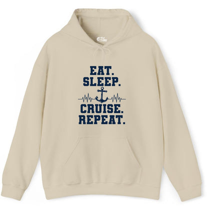 Eat Sleep Cruise Repeat Shirt - Nautical Cruise Shirt for Travelers (Hoodie) in Sand - Eat Sleep Cruise Repeat Shirt - Anchor Heartbeat Nautical Design