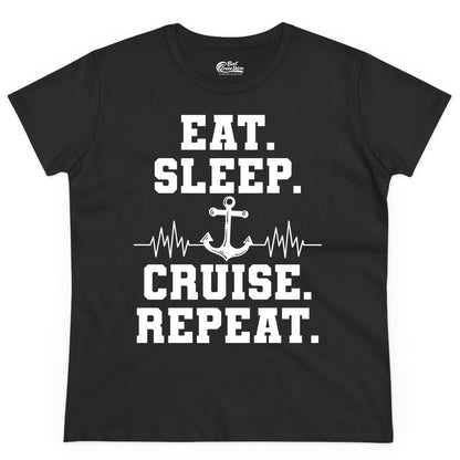 Eat Sleep Cruise Repeat Shirt - Nautical Cruise Shirt for Travelers (Ladies Tee) in Black - Eat Sleep Cruise Repeat Shirt - Anchor Heartbeat Nautical Design