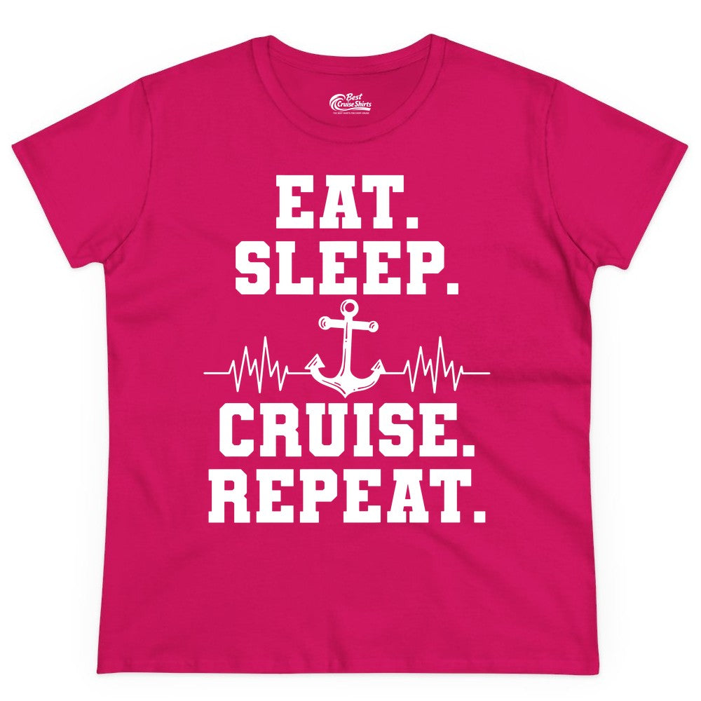 Eat Sleep Cruise Repeat Shirt - Nautical Cruise Shirt for Travelers (Ladies Tee) in Heliconia - Eat Sleep Cruise Repeat Shirt - Anchor Heartbeat Nautical Design