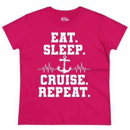 Eat Sleep Cruise Repeat Shirt - Nautical Cruise Shirt for Travelers (Ladies Tee) in Heliconia - Eat Sleep Cruise Repeat Shirt - Anchor Heartbeat Nautical Design