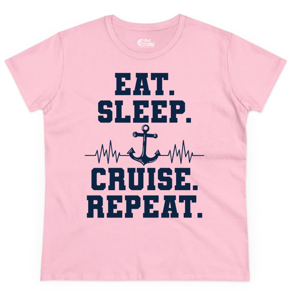 Eat Sleep Cruise Repeat Shirt - Nautical Cruise Shirt for Travelers (Ladies Tee) in Light Pink - Eat Sleep Cruise Repeat Shirt - Anchor Heartbeat Nautical Design