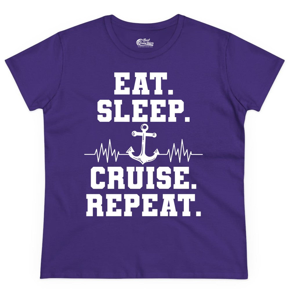 Eat Sleep Cruise Repeat Shirt - Nautical Cruise Shirt for Travelers (Ladies Tee) in Purple - Eat Sleep Cruise Repeat Shirt - Anchor Heartbeat Nautical Design