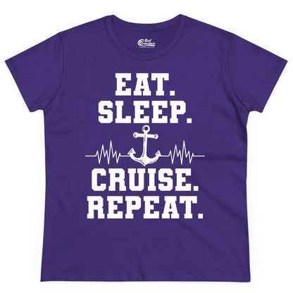 Eat Sleep Cruise Repeat Shirt - Nautical Cruise Shirt for Travelers (Ladies Tee) in Purple - Eat Sleep Cruise Repeat Shirt - Anchor Heartbeat Nautical Design