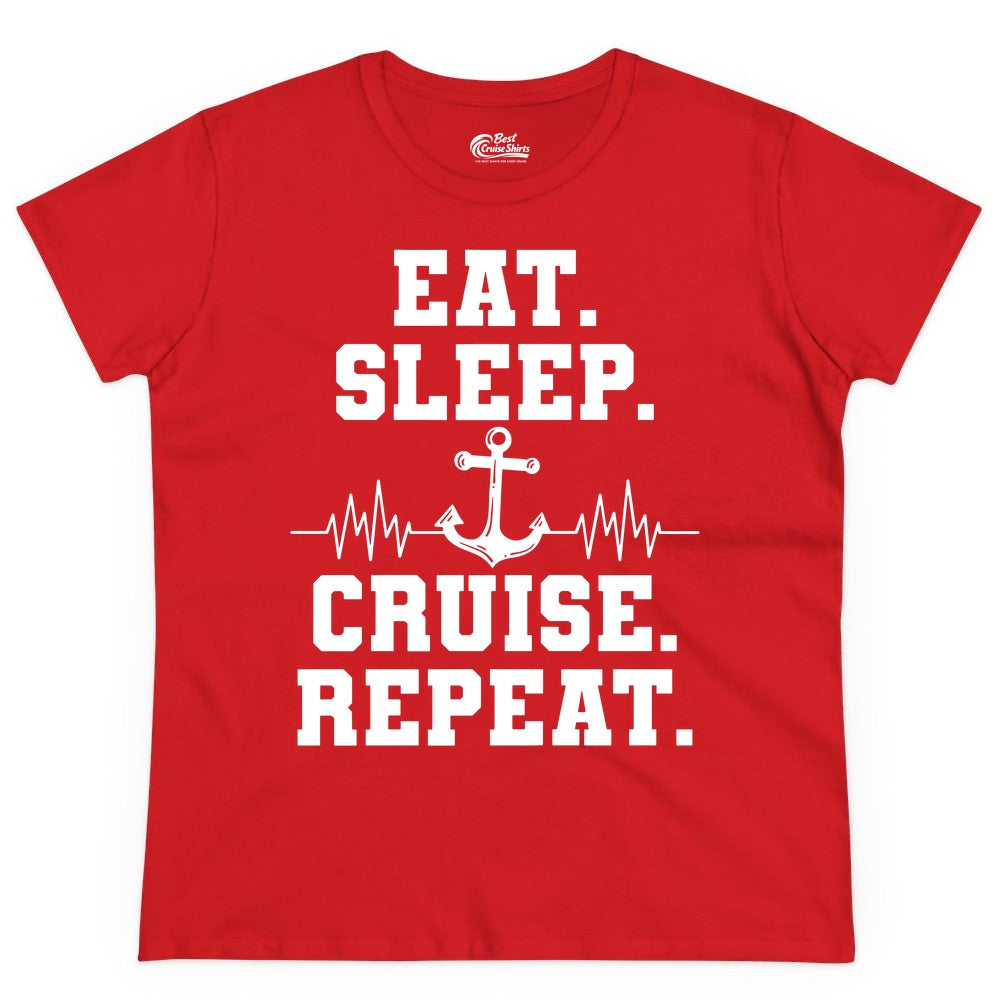 Eat Sleep Cruise Repeat Shirt - Nautical Cruise Shirt for Travelers (Ladies Tee) in Red - Eat Sleep Cruise Repeat Shirt - Anchor Heartbeat Nautical Design