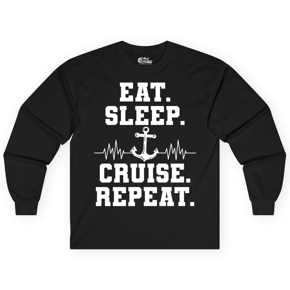 Eat Sleep Cruise Repeat Shirt - Nautical Cruise Shirt for Travelers (Long Sleeve) in Black - Eat Sleep Cruise Repeat Shirt - Anchor Heartbeat Nautical Design
