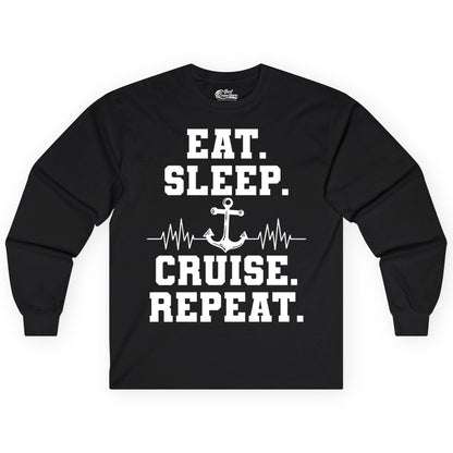 Eat Sleep Cruise Repeat Shirt - Nautical Cruise Shirt for Travelers (Long Sleeve) in Black - Eat Sleep Cruise Repeat Shirt - Anchor Heartbeat Nautical Design