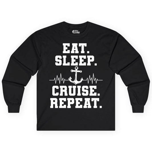 Eat Sleep Cruise Repeat Shirt - Nautical Cruise Shirt for Travelers (Long Sleeve) in Black - Eat Sleep Cruise Repeat Shirt - Anchor Heartbeat Nautical Design