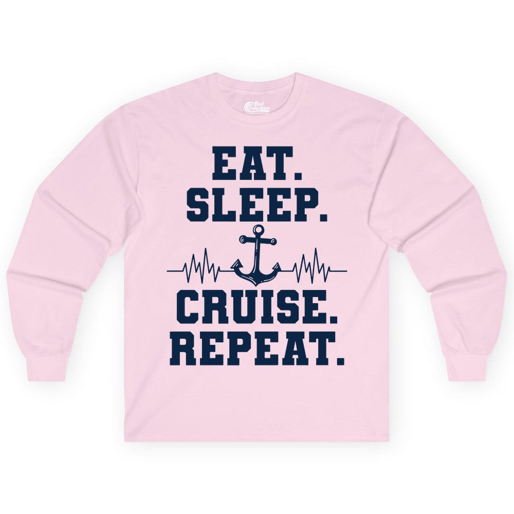 Eat Sleep Cruise Repeat Shirt - Nautical Cruise Shirt for Travelers (Long Sleeve) in Light Pink - Eat Sleep Cruise Repeat Shirt - Anchor Heartbeat Nautical Design