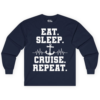 Eat Sleep Cruise Repeat Shirt - Nautical Cruise Shirt for Travelers (Long Sleeve) in Navy - Eat Sleep Cruise Repeat Shirt - Anchor Heartbeat Nautical Design