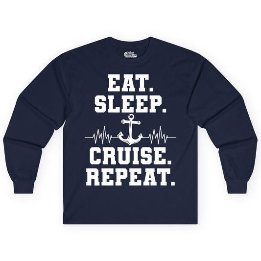 Eat Sleep Cruise Repeat Shirt - Nautical Cruise Shirt for Travelers (Long Sleeve) in Navy - Eat Sleep Cruise Repeat Shirt - Anchor Heartbeat Nautical Design