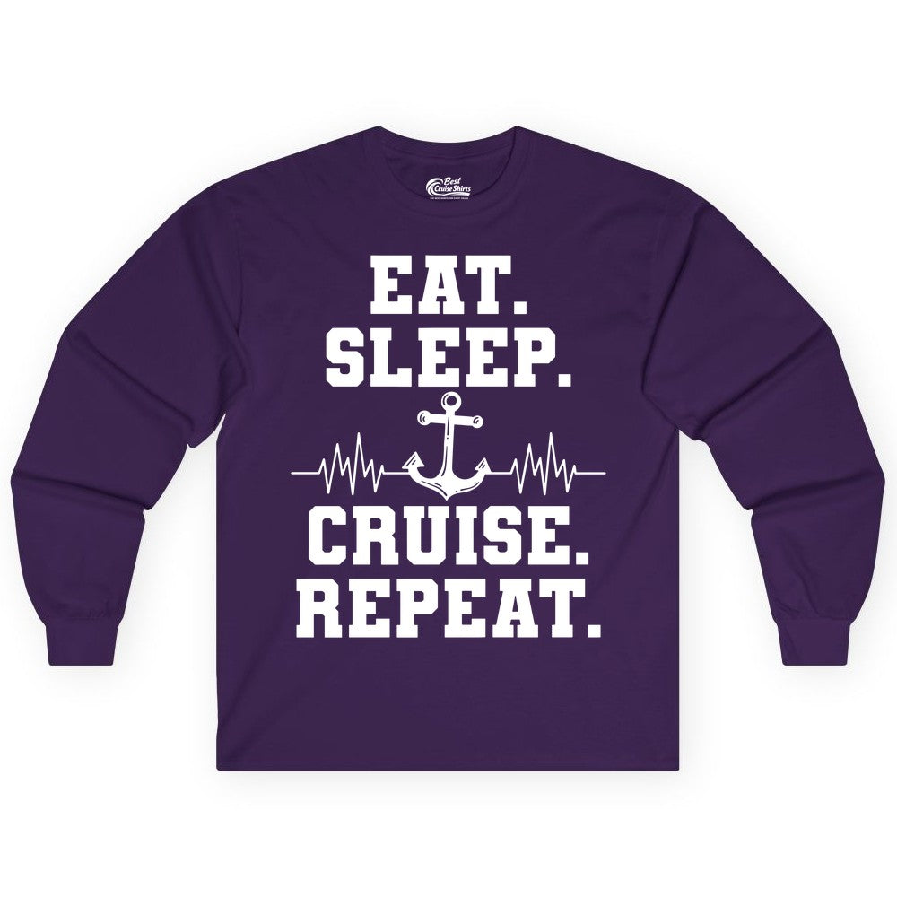 Eat Sleep Cruise Repeat Shirt - Nautical Cruise Shirt for Travelers (Long Sleeve) in Purple - Eat Sleep Cruise Repeat Shirt - Anchor Heartbeat Nautical Design