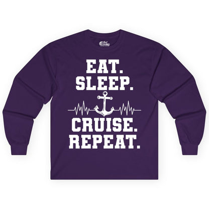 Eat Sleep Cruise Repeat Shirt - Nautical Cruise Shirt for Travelers (Long Sleeve) in Purple - Eat Sleep Cruise Repeat Shirt - Anchor Heartbeat Nautical Design