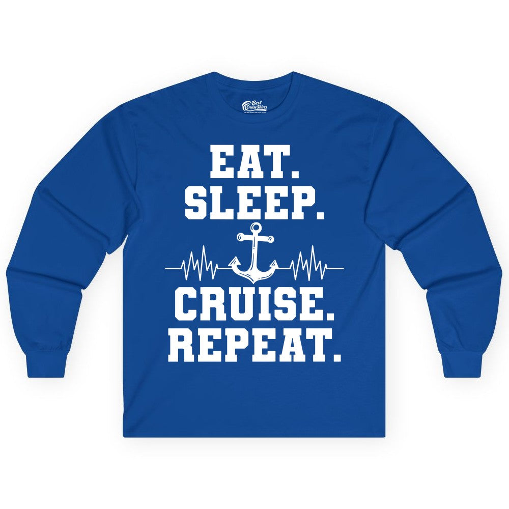 Eat Sleep Cruise Repeat Shirt - Nautical Cruise Shirt for Travelers (Long Sleeve) in Royal - Eat Sleep Cruise Repeat Shirt - Anchor Heartbeat Nautical Design