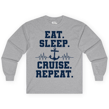 Eat Sleep Cruise Repeat Shirt - Nautical Cruise Shirt for Travelers (Long Sleeve) in Sport Grey - Eat Sleep Cruise Repeat Shirt - Anchor Heartbeat Nautical Design