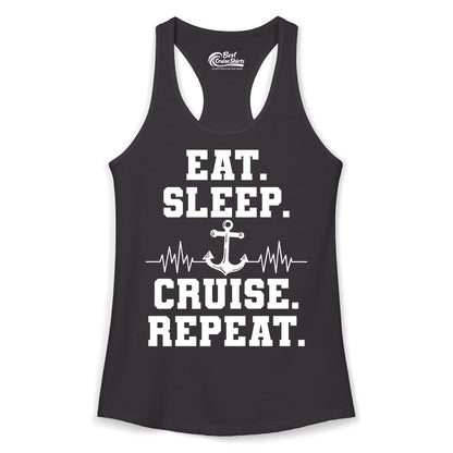 Eat Sleep Cruise Repeat Shirt - Nautical Cruise Shirt for Travelers (Ladies Tank) in Black - Eat Sleep Cruise Repeat Shirt - Anchor Heartbeat Nautical Design