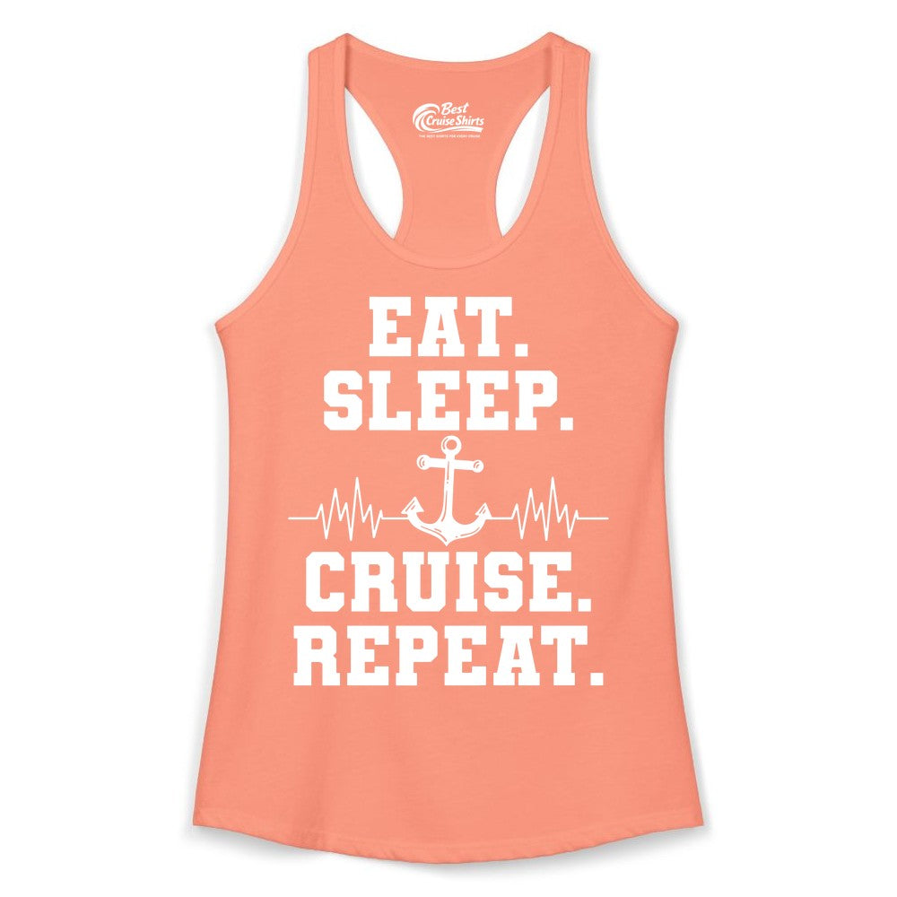 Eat Sleep Cruise Repeat Shirt - Nautical Cruise Shirt for Travelers (Ladies Tank) in Solid Light Orange - Eat Sleep Cruise Repeat Shirt - Anchor Heartbeat Nautical Design